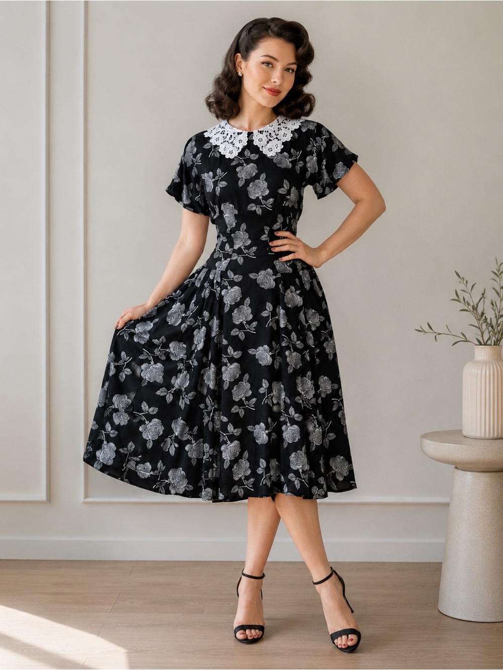 Unique Vintage 1940s Black & White Floral Lace Collar Margie Swing Dress, XS